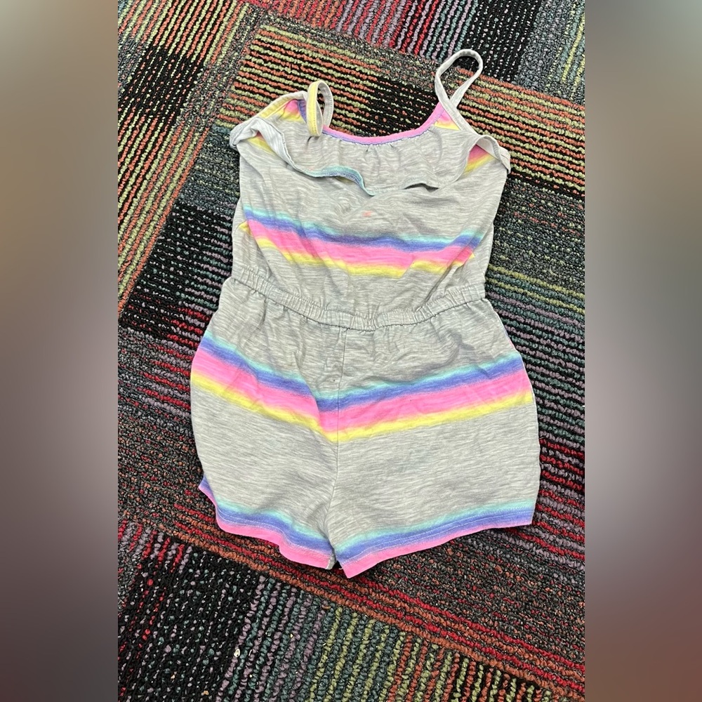 Jumping Beans Gray Romper with Rainbow Stripes